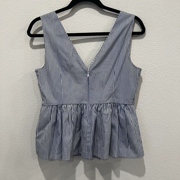 J. Crew Women's 2 Sleeveless Peplum Poplin Striped Top Blue White Double V Neck - Picture 6 of 8